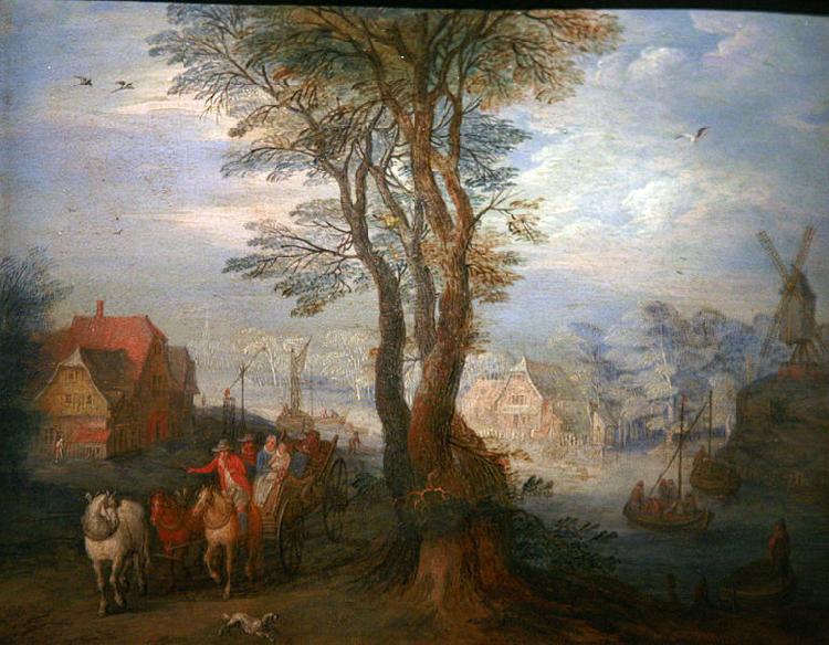 Jan Brueghel Peasants on a wagon near a river going through a village oil painting picture